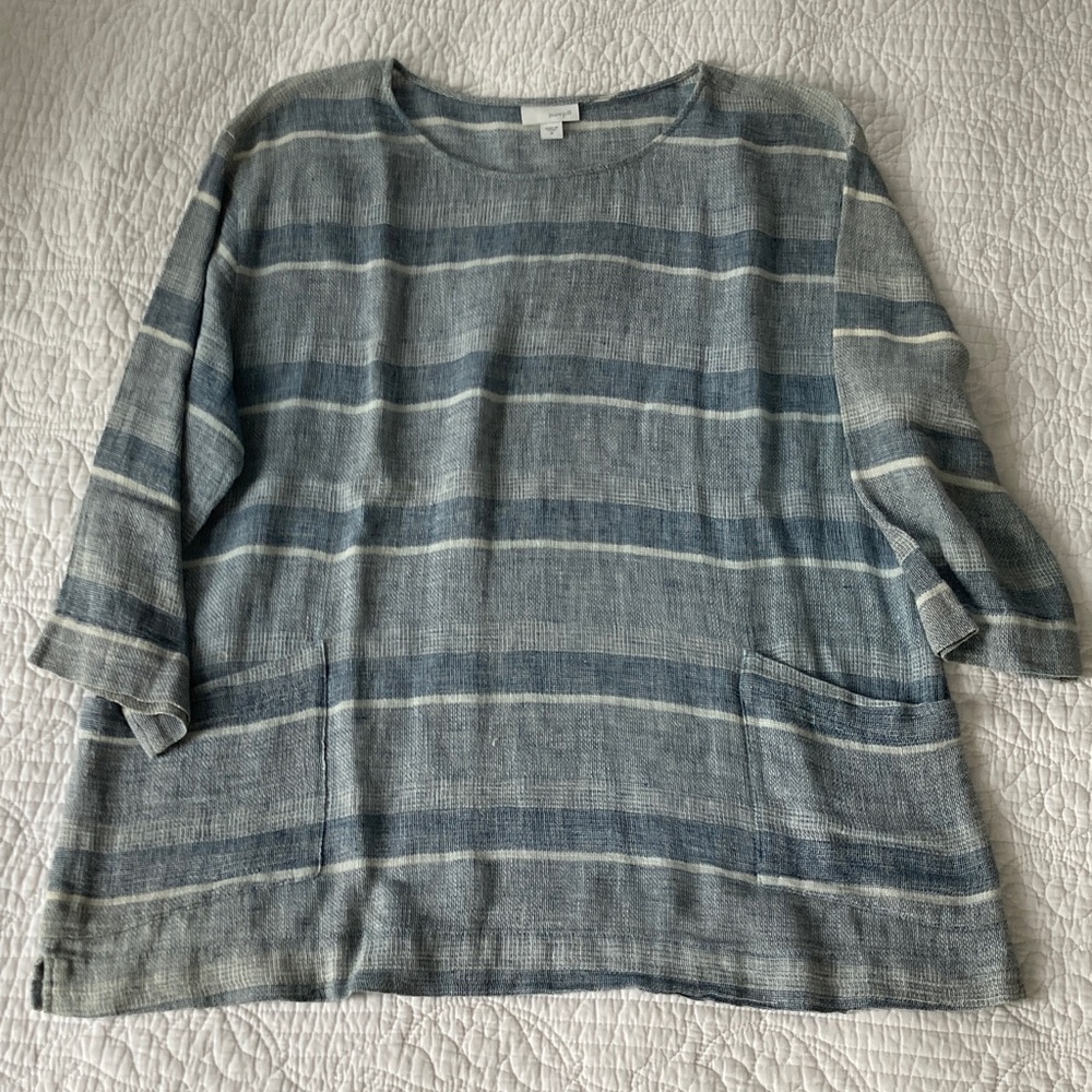 J Jill Striped Blue and White Linen Popover Top, medium